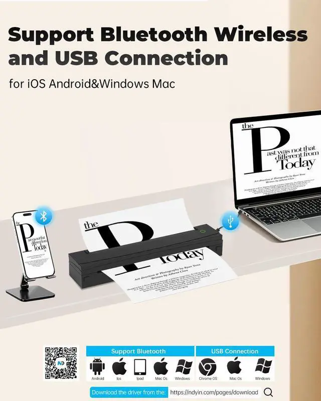 Alt view image 2 of 5 - NDYIN Portable Printer Wireless for Travel, D80 Thermal Printer, Inkless Printers, Compatible with iOS, Android, Laptop, Supports 8.5" x 11" US Letter & A4 & A5 for Home Use, Office, Vehicles, Black