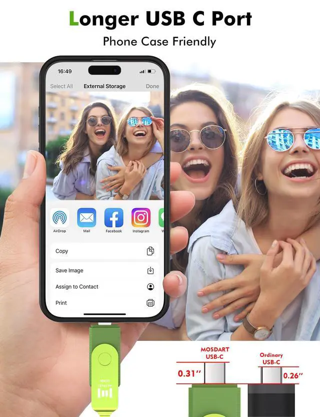 Alt view image 2 of 5 - MOSDART 512GB USB3.1 Fast Speed C and A Dual Flash Drive, exFAT Memory Stick with Keychain and LED Indicator, for iPhone 15 and 16, Android Phone, iPad, MacBook, and Other Laptops, Green