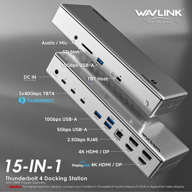 Alt view image 2 of 5 - Thunderbolt 4 Dock, WAVLINK Docking Station with Quad 4K@60Hz Monitors, Four Thunderbolt 4 Ports, 98W PD, 2.5G RJ45 Ethernet, SD V4.0, 10Gbps USB3.1, for MacBook Pro/Air etc