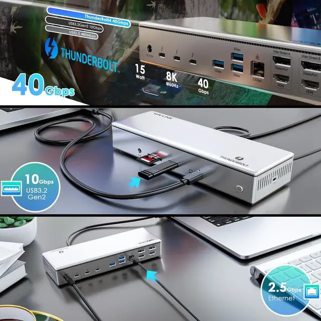 Alt view image 5 of 5 - Thunderbolt 4 Dock, WAVLINK Docking Station with Quad 4K@60Hz Monitors, Four Thunderbolt 4 Ports, 98W PD, 2.5G RJ45 Ethernet, SD V4.0, 10Gbps USB3.1, for MacBook Pro/Air etc