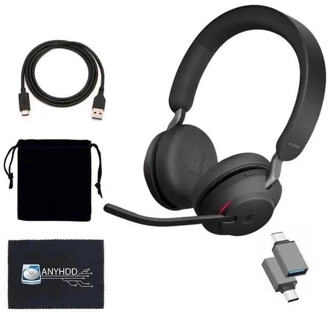Main image of Evolve2 65 MS Stereo Jabra Wireless Headset with Link380c  Bluetooth Headphones in Black, 37-Hour Battery, Includes USB-A to C Cable, USB-A to C Adapter + Cover + Microfiber Cloth