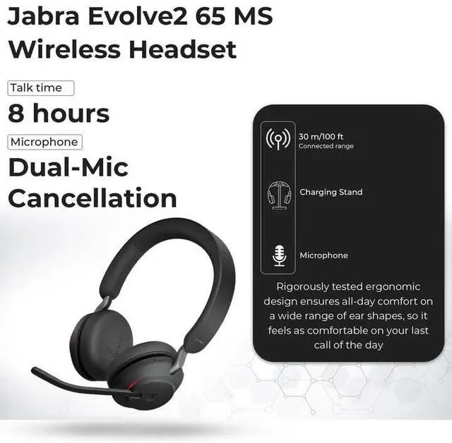 Alt view image 3 of 5 - Evolve2 65 MS Stereo Jabra Wireless Headset with Link380c  Bluetooth Headphones in Black, 37-Hour Battery, Includes USB-A to C Cable, USB-A to C Adapter + Cover + Microfiber Cloth