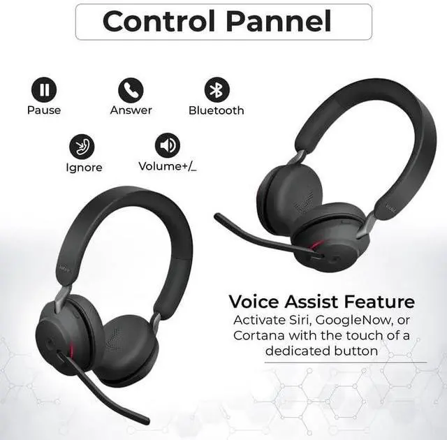 Alt view image 4 of 5 - Evolve2 65 MS Stereo Jabra Wireless Headset with Link380c  Bluetooth Headphones in Black, 37-Hour Battery, Includes USB-A to C Cable, USB-A to C Adapter + Cover + Microfiber Cloth