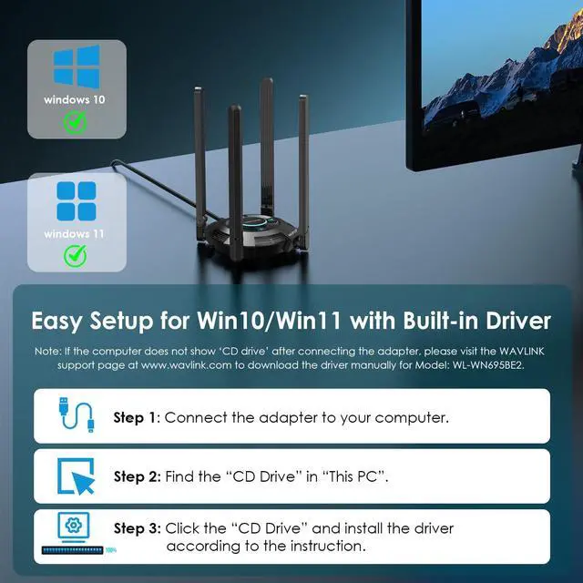 Alt view image 5 of 5 - WAVLINK BE6500 USB WiFi 7 Adapter for Desktop PC, Tri-Band USB WiFi Adapter with 2.4GHz/5GHz/6GHz High Gain Antennas, WPA3, MLO & Multi-RU, MU-MIMO, OFDMA, 4K-QAM, Supports Windows 11/10 Only