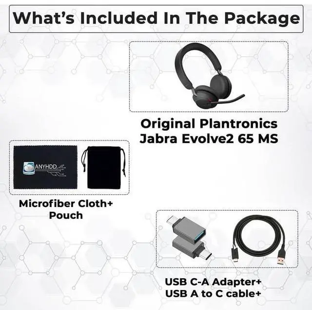 Alt view image 2 of 5 - Evolve2 65 MS Stereo Jabra Wireless Headset with Link380c  Bluetooth Headphones in Black, 37-Hour Battery, Includes USB-A to C Cable, USB-A to C Adapter + Cover + Microfiber Cloth