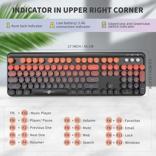 Alt view image 2 of 5 - Wireless Keyboard and Mouse Combo - Cute Colorful Keyboard and Mouse, Retro Typewriter Keyboard with 2.4GHz Plug & Play, for Windows 11/10/7, Laptop, PC (Orange Wireless Keyboard and Mouse)