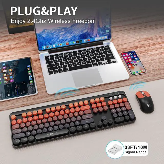 Alt view image 5 of 5 - Wireless Keyboard and Mouse Combo - Cute Colorful Keyboard and Mouse, Retro Typewriter Keyboard with 2.4GHz Plug & Play, for Windows 11/10/7, Laptop, PC (Orange Wireless Keyboard and Mouse)