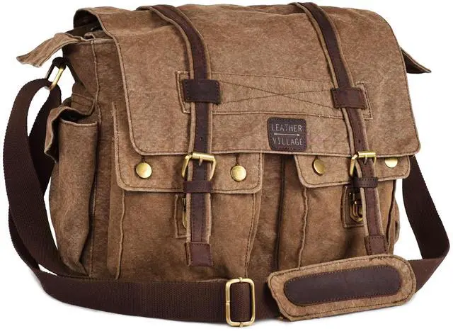 Main image of LEATHER VILLAGE Vintage Canvas Messenger Bag  16 Inch Handmade Laptop Shoulder Bag for Men & Women  Crossbody Work Bag for Office, Travel & Daily Use - Tan