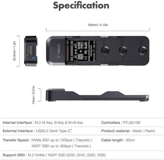Alt view image 3 of 5 - ineo Tool-Free M.2 NVMe & SATA to USB C 10Gbps Docking Station for M Key, B+M Key Support 2280 2260 2242 2230 SSDs (M.2 10Gb Docking)