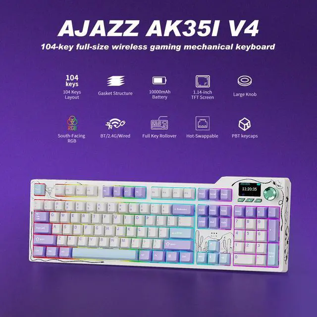 Alt view image 2 of 5 - Ajazz AK35I V4 Customizable Wireless Gaming Mechanical Keyboard, Wired/Wireless 2.4G/BT, Gasket Structure, 10000mAh Battery, Full-Color RGB, 1.14-inch Color Screen, Knob, Multi-Function Keys.