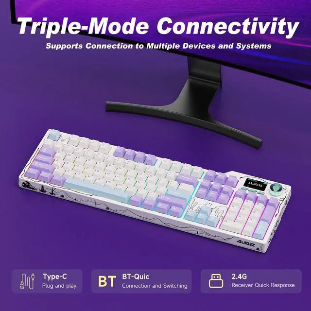 Alt view image 5 of 5 - Ajazz AK35I V4 Customizable Wireless Gaming Mechanical Keyboard, Wired/Wireless 2.4G/BT, Gasket Structure, 10000mAh Battery, Full-Color RGB, 1.14-inch Color Screen, Knob, Multi-Function Keys.