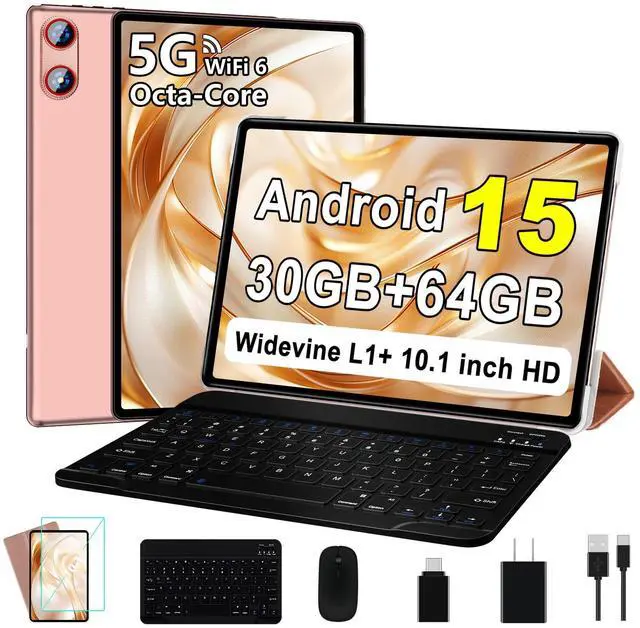 Main image of UJJ 2025 Android 15 Tablet 10 Inch Tablets with Keyboard, 30GB+64GB+1TB Expand, Octa-Core Tablets with 6000mAh Battery, HD IPS Display, 5G WiFi, Split Screen, Widevine L1 - Rose Gold