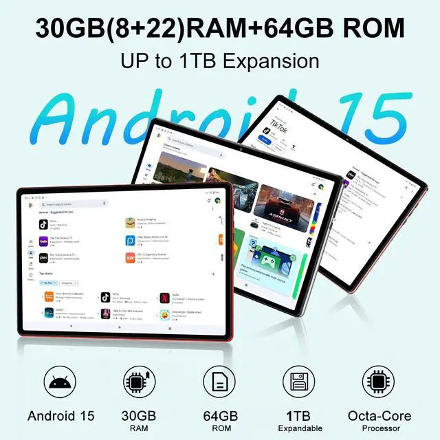 Alt view image 2 of 5 - UJJ 2025 Android 15 Tablet 10 Inch Tablets with Keyboard, 30GB+64GB+1TB Expand, Octa-Core Tablets with 6000mAh Battery, HD IPS Display, 5G WiFi, Split Screen, Widevine L1 - Rose Gold