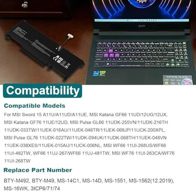 Alt view image 4 of 5 - Futurebatt BTY-M492 Battery Replacement for MSI WF66 WF76 11UI 11UJ Katana GF66 11UD 12UG 12UX GF76 11UE 12UD Crosshair 15 17 A11UCK A11UDK A11UEK Sword 15 A11U A11UD A11UE Pulse GL66 GL76 7506