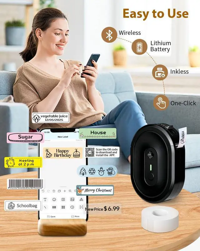 Alt view image 3 of 5 - NDYIN Label Maker Machine with Tape, N12 Portable Bluetooth Label Printer, Wireless Mini Label Makers Thermal Sticker with Multiple Templates for Home, Kitchen, School, Office Organization, Black