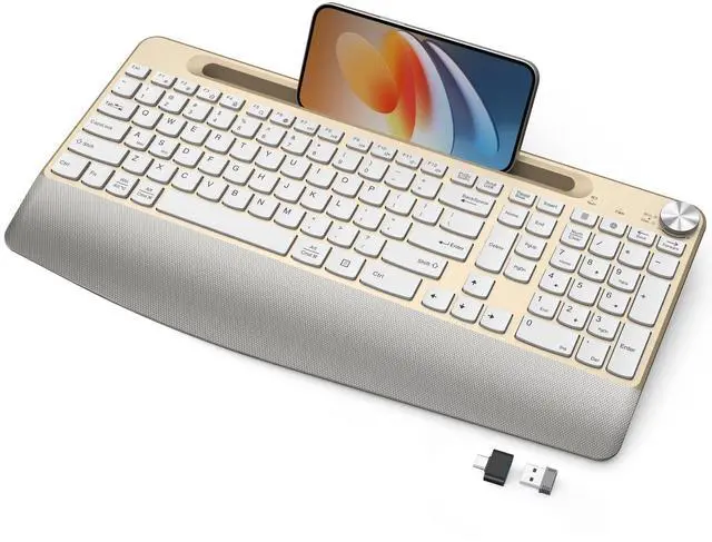 Main image of JOYACCESS Ergonomic Wireless Keyboard with Palm Rest & Tilt Angle, 2.4G Full-Size, Comfortable Typing, USB-C Adapter & Phone Holder for Mac/Windows -Gold White