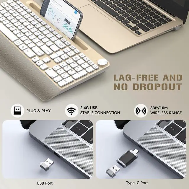 Alt view image 2 of 5 - JOYACCESS Ergonomic Wireless Keyboard with Palm Rest & Tilt Angle, 2.4G Full-Size, Comfortable Typing, USB-C Adapter & Phone Holder for Mac/Windows -Gold White
