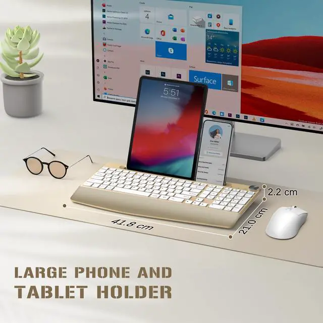 Alt view image 3 of 5 - JOYACCESS Ergonomic Wireless Keyboard with Palm Rest & Tilt Angle, 2.4G Full-Size, Comfortable Typing, USB-C Adapter & Phone Holder for Mac/Windows -Gold White