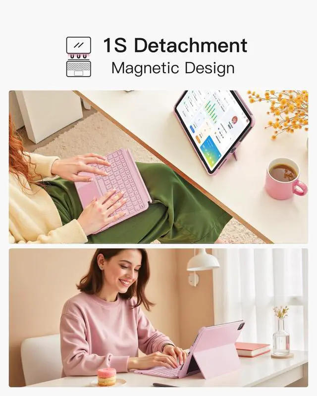 Alt view image 4 of 5 - Inateck for iPad 11th/10th Gen Case with Keyboard,for iPad 10th(10.9")/11th Gen(2025 A16),Air 11" M3/M2,Air 6/5/4th,Pro 11 4/3/2/1th,Ultralight Detachable Keyboard with Touchpad, AceTouch Pink