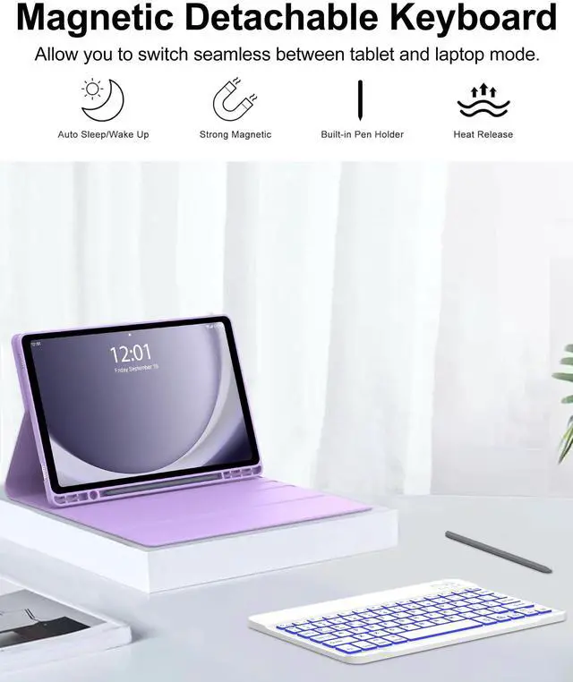 Alt view image 3 of 5 - Keyboard for Samsung Galaxy Tab A9+ Plus 11 Inch 2023 Protector Case with Backlit Key Board, for Samsung Tablet Keyboard A9Plus Folio with Pen Holder, Wireless Keypad with Colors Backlight, Purple