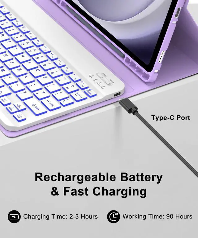 Alt view image 5 of 5 - Keyboard for Samsung Galaxy Tab A9+ Plus 11 Inch 2023 Protector Case with Backlit Key Board, for Samsung Tablet Keyboard A9Plus Folio with Pen Holder, Wireless Keypad with Colors Backlight, Purple