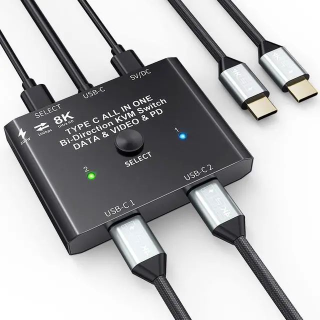 Main image of USB C Switch 2 in 1 Out/1 in 2 Out Bi Directional USB C Switcher Selector for 2 Laptops Share 1 USB Device, 4K@60Hz/10Gbps Data Transfer and 100W PD Charging, Wired Control and 2 UBS C Cables
