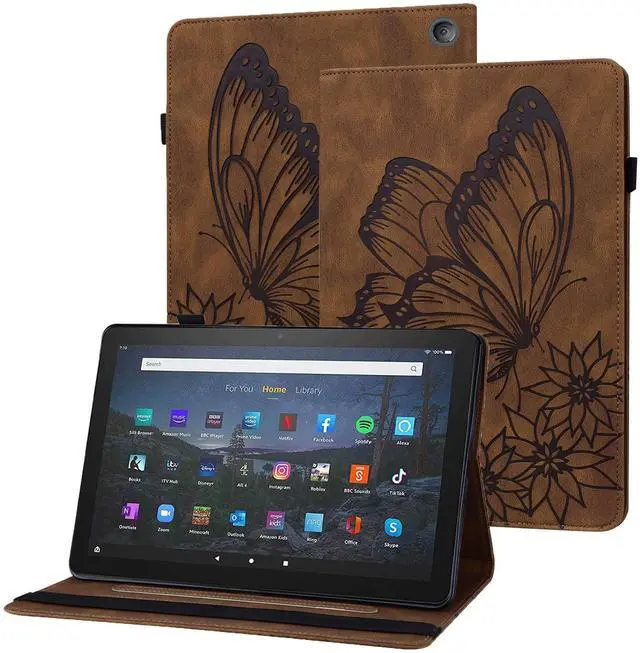 Main image of UUcovers for Amazon 10.1" Kindle Fire HD 10 Case (Only Compatible with 11th Generation, 2021) & Fire HD 10 Plus with Pencil Holder/Card Pocket/Folio Stand/PU Leather Cover, Brown Butterfly Flower