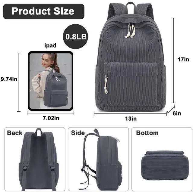 Alt view image 3 of 5 - BTOOP School Backpack for Teens Large Corduroy Bookbag Lightweight 15.6 inch Laptop Bag for Girls Women Casual High School College