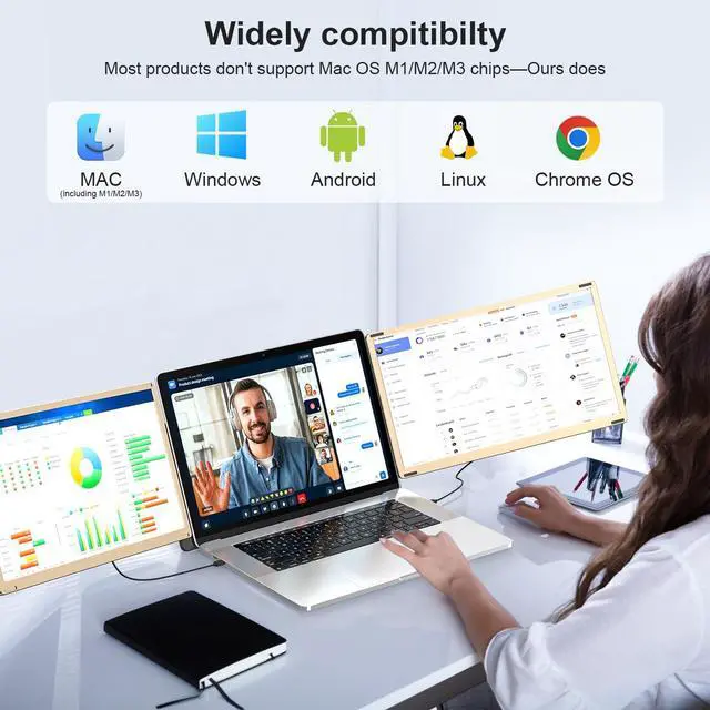 Alt view image 3 of 5 - QOPOYU Laptop Screen Extender, 15.6" FHD 1080P Triple Portable Monitor Ultra-Slim Laptop Monitor Extender for 13"-17.3" with Speakers, HDMI/USB-C Plug-Play Extended Screen for MacOS Windows Android