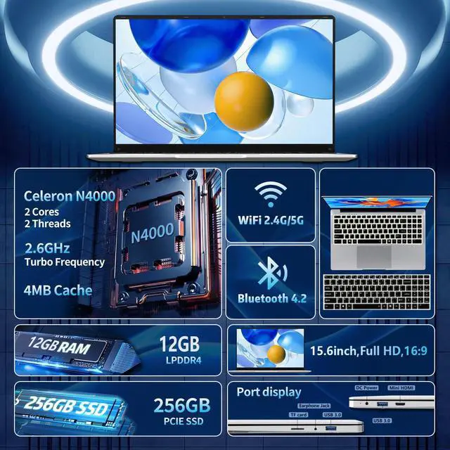 Alt view image 2 of 5 - DUNHOO 15.6 inch Laptop, 12gb RAM Gaming Laptop with 256GB SSD, Traditional Laptops N4000, Netbook Computers Full HD 1920X1080 Display WiFi5 Mini-HDMI 180 Angle Opening laptops for Student Business