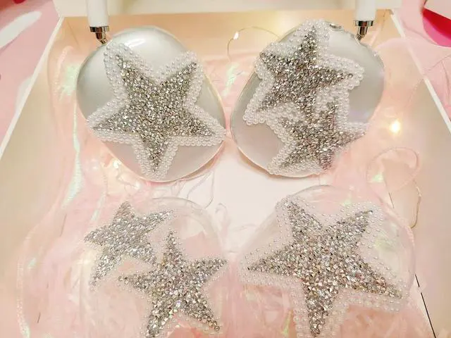 Alt view image 2 of 5 - Bling Case Cover for AirPods Max Glittering Rhinestones Pearls Stars, Clear Sparkling Cute Soft Cases for Women Accessories Protective Cover for Apple AirPods Max Handmade (White Stars)