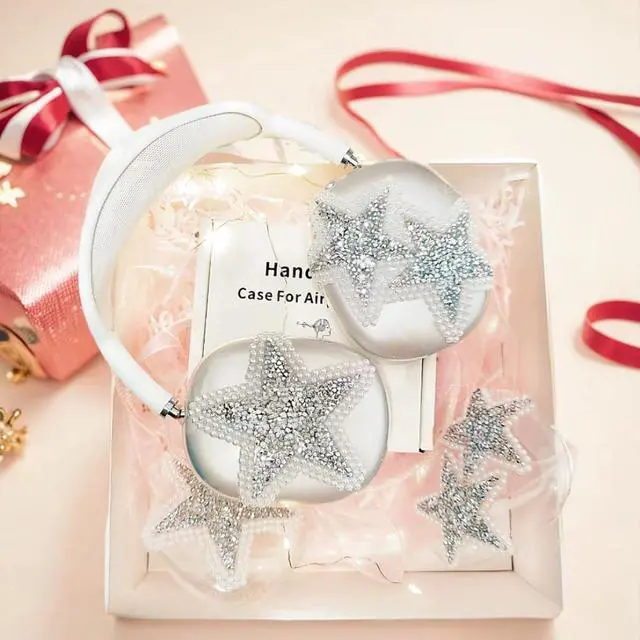 Alt view image 4 of 5 - Bling Case Cover for AirPods Max Glittering Rhinestones Pearls Stars, Clear Sparkling Cute Soft Cases for Women Accessories Protective Cover for Apple AirPods Max Handmade (White Stars)