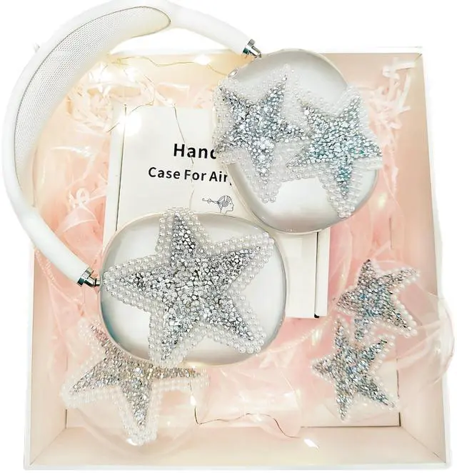 Alt view image 5 of 5 - Bling Case Cover for AirPods Max Glittering Rhinestones Pearls Stars, Clear Sparkling Cute Soft Cases for Women Accessories Protective Cover for Apple AirPods Max Handmade (White Stars)