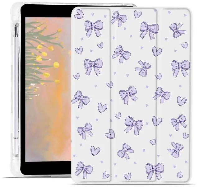 Main image of JOYLAND Cute Purple Bowknot Case for iPad 9th/7th/8th Generation (2021/2020/2019) 10.2 Inch with Pencil Holder Aesthetic Bow Girly White Cover Auto Wake/Sleep Foldable Shockproof Case