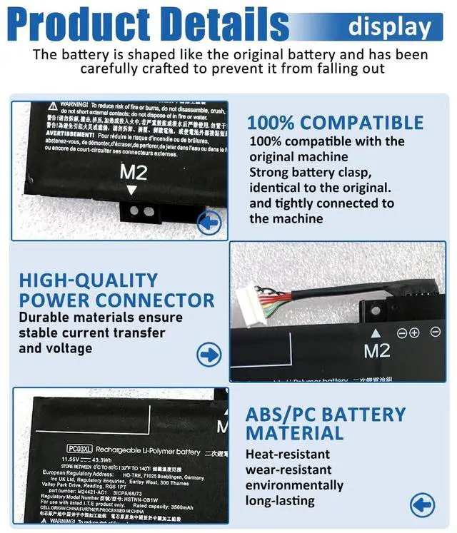 Alt view image 3 of 5 - 43.3Wh PC03XL M24648-005 Battery Replacement for HP Pavilion x360 14 15 14-DY 14-BA 14-CD 14-dw 15-er Series Pavilion Aero 13-be Pavilion x360 Convertible 14-dy Notebook PC03043XL -11.55V 3560mAh