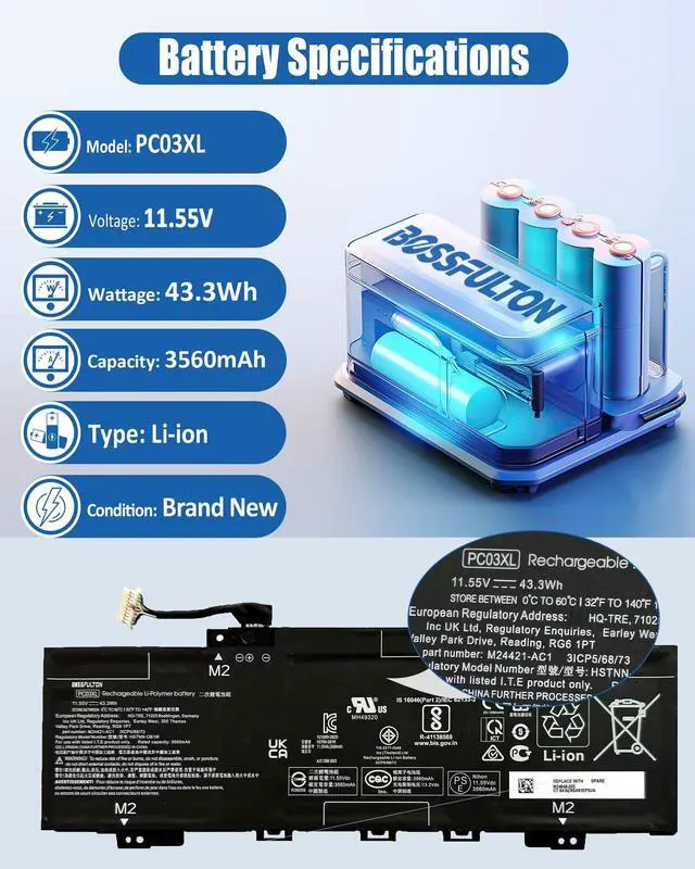 Alt view image 2 of 5 - 43.3Wh PC03XL M24648-005 Battery Replacement for HP Pavilion x360 14 15 14-DY 14-BA 14-CD 14-dw 15-er Series Pavilion Aero 13-be Pavilion x360 Convertible 14-dy Notebook PC03043XL -11.55V 3560mAh