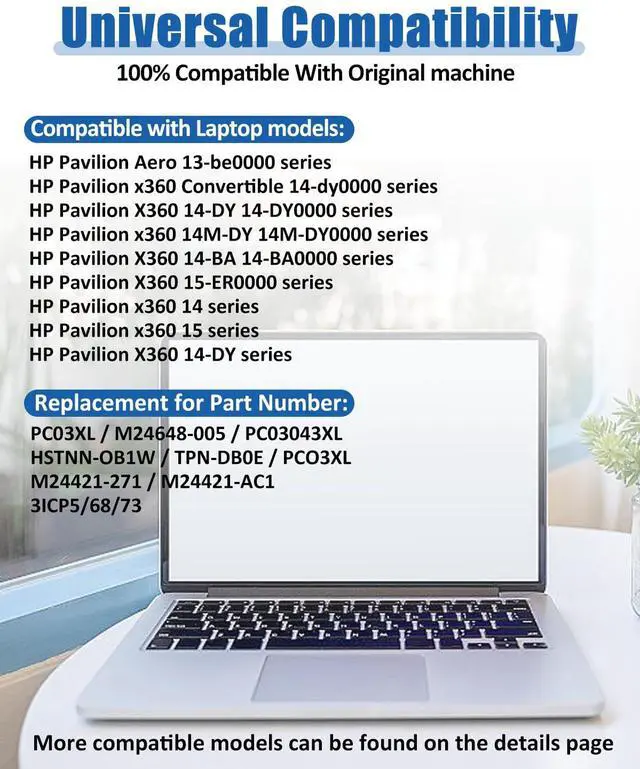 Alt view image 4 of 5 - 43.3Wh PC03XL M24648-005 Battery Replacement for HP Pavilion x360 14 15 14-DY 14-BA 14-CD 14-dw 15-er Series Pavilion Aero 13-be Pavilion x360 Convertible 14-dy Notebook PC03043XL -11.55V 3560mAh