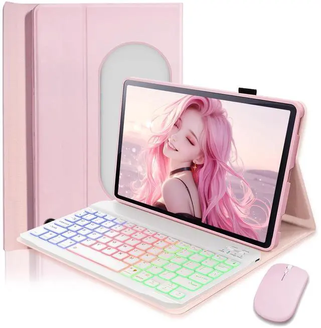 Main image of SAMTUNK Case Keyboard for Google Pixel Tablet 11 inch 2023/2024 Cover - 7 Color Rainbow Change Backlit Detachable Magnetic Keyboard with Mouse - Pink