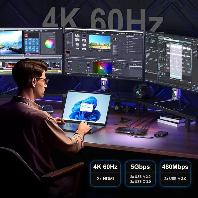 Alt view image 4 of 5 - PORTTA 14 in 1 Displaylink Docking Station Triple Monitor 4K 60Hz with HDMI x3, USB x6, Ethernet, SD/TF, 100W PD, Audio/Mic, 150W Power Adapter, Compatible with MacOS/Windows SST/MST, Driver Required