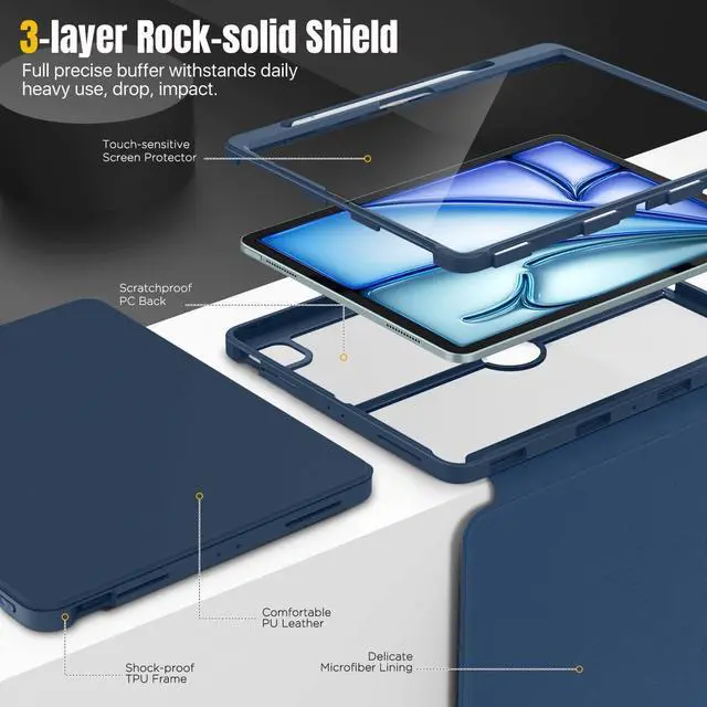 Alt view image 3 of 5 - MoKo for iPad Air 13 Inch Case M3 2025 & M2 2024 with Pencil Holder, iPad Air 13 Case [Built-in Screen Protector] with Clear Back & Magnetic Multi Angle Stand Cover, Navy Blue