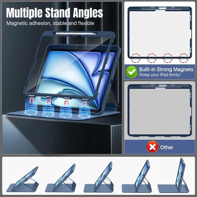 Alt view image 4 of 5 - MoKo for iPad Air 13 Inch Case M3 2025 & M2 2024 with Pencil Holder, iPad Air 13 Case [Built-in Screen Protector] with Clear Back & Magnetic Multi Angle Stand Cover, Navy Blue
