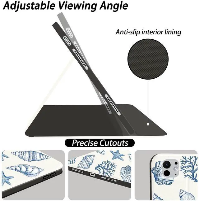 Alt view image 3 of 5 - AdorableWhimsy Ocean Seashell Case for iPad 9th/7th/8th Generation(2021/2020/2019, 10.2 Inch) with Pencil Holder Folio Girly White Leather Cover Multi-Angle Viewing Stand Case Auto Sleep/Wake