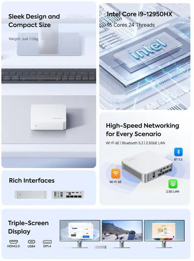 Alt view image 2 of 5 - MINISFORUM M1-1295 Mini PC Core i9-12950HX(16C/24T, up to 5GHz) Barebone Without Storage/OS Desktop Computer, HDMI/DP/USB-C Output, 2.5G RJ45/WiF6E/BT5.2, 2X NVMe SSD Slot, 4X USB Port Micro Computer