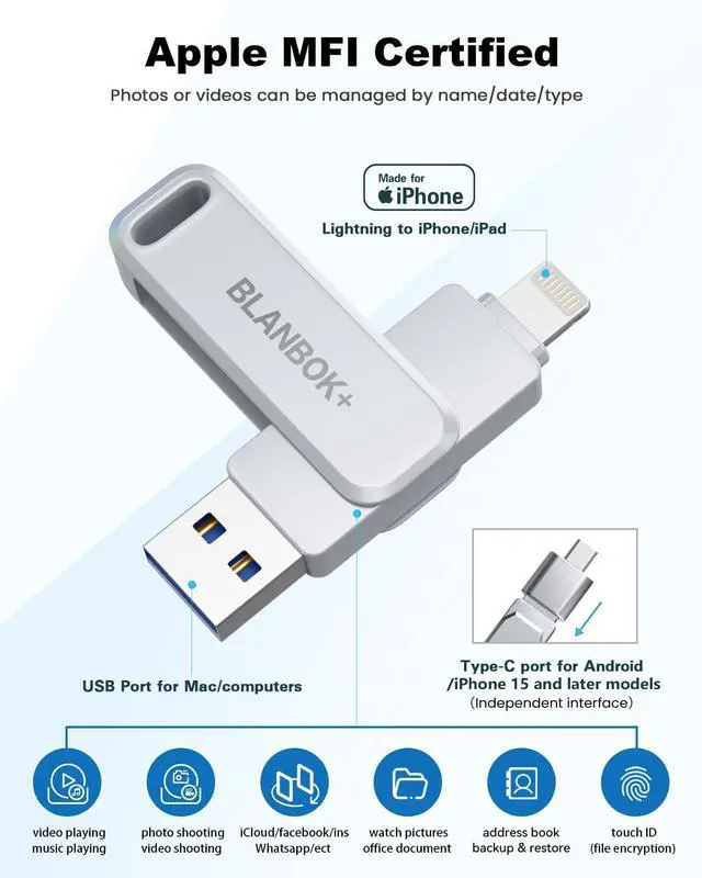 Alt view image 2 of 5 - MFi Certified 512GB Flash Drive for iPhone Photo Stick, USB Memory Stick High Speed iPhone Flash Drive, External Memory Storage USB Stick Thumb Drive for iPhone/iPad/Android/PC (Metallic Silver)