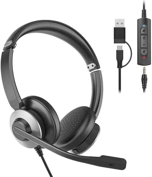 Main image of USB Headset with Microphone for PC, Headset with Mic, Computer Headset with Noise Canceling Microphone for Laptop, Wired Headphones with Mic for Work from Home/Call Center/Open Office