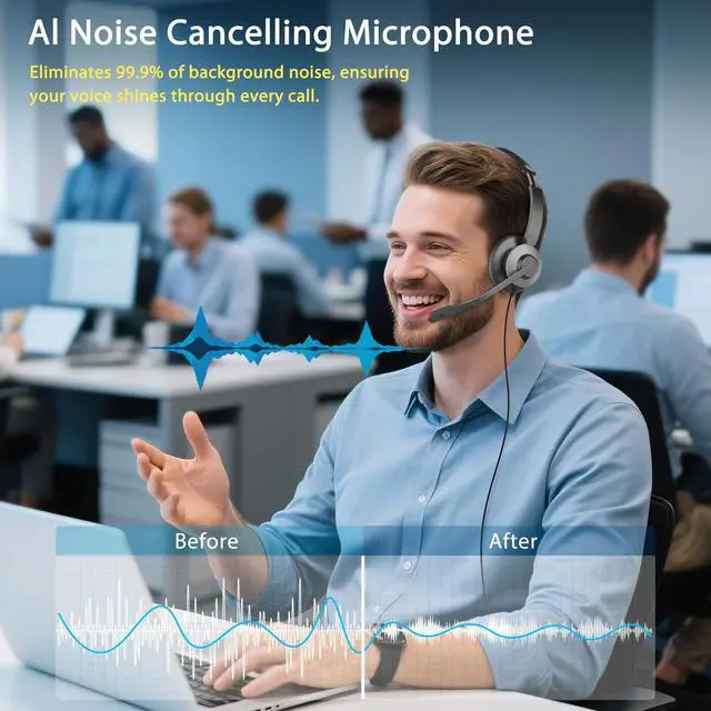 Alt view image 2 of 5 - USB Headset with Microphone for PC, Headset with Mic, Computer Headset with Noise Canceling Microphone for Laptop, Wired Headphones with Mic for Work from Home/Call Center/Open Office