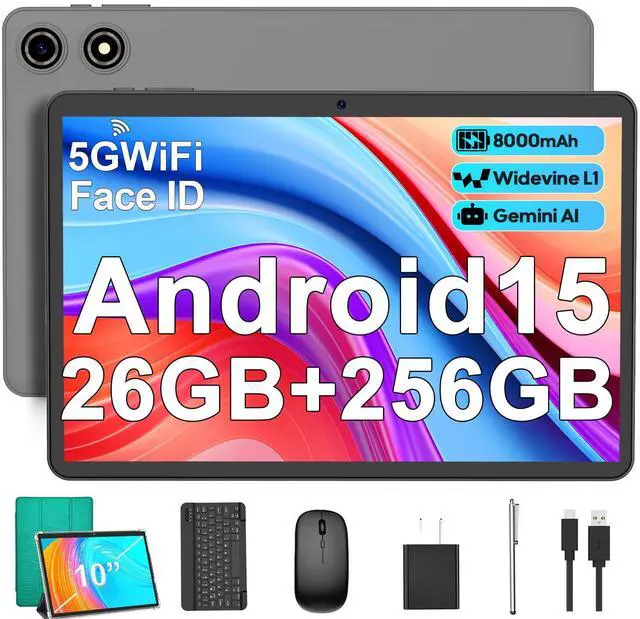 Main image of Android 15 Tablet with Keyboard - 26GB RAM + 256GB ROM, 2TB Expand, 10 inch 2-in-1 Tablets with 5G/2.4G WiFi, 8000mAh, BT5.0, 5MP+13MP, Split Screen, Widevine L1, Mouse, Case, Stylus (Green Case)