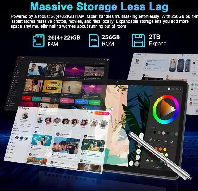 Alt view image 2 of 5 - Android 15 Tablet with Keyboard - 26GB RAM + 256GB ROM, 2TB Expand, 10 inch 2-in-1 Tablets with 5G/2.4G WiFi, 8000mAh, BT5.0, 5MP+13MP, Split Screen, Widevine L1, Mouse, Case, Stylus (Green Case)