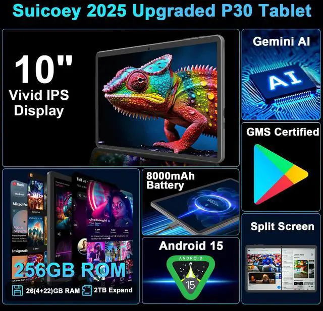 Alt view image 3 of 5 - Android 15 Tablet with Keyboard - 26GB RAM + 256GB ROM, 2TB Expand, 10 inch 2-in-1 Tablets with 5G/2.4G WiFi, 8000mAh, BT5.0, 5MP+13MP, Split Screen, Widevine L1, Mouse, Case, Stylus (Green Case)