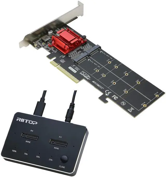 Main image of RIITOP Dual NVMe PCIe Adapter + Dual NVME Cloner Docking Station